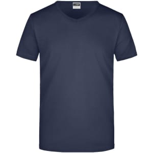 A navy blue men's V-neck t-shirt featuring a simple design and a logo.