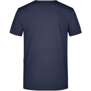 A navy blue men's V-neck T-shirt with a plain back design. Features a logo on the side.