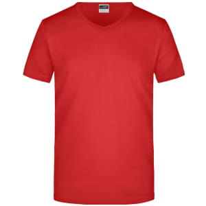 A red V-neck men's T-shirt with a plain design and a branded label at the neckline.