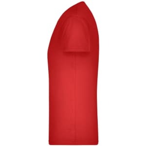 A red men's V-neck t-shirt displayed from the side, featuring a smooth fabric and a fitted silhouette.