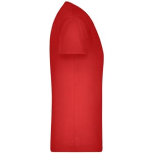 A red men's V-neck t-shirt displayed from the side, featuring short sleeves and a fitted silhouette.