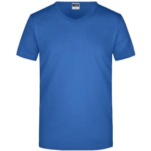 A blue men's V-neck T-shirt featuring a simple design and a label with branding.