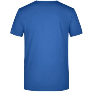 A blue men's V-T shirt featuring a solid back design and a logo.