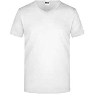 A white V-neck t-shirt with short sleeves, featuring a logo on the label.