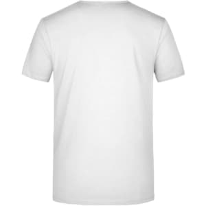 A white men's V-T shirt with a classic crew neckline and short sleeves. It features a logo on the back.