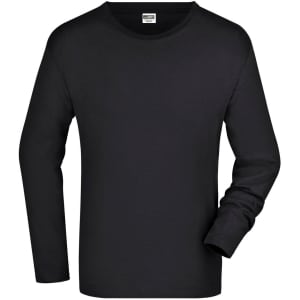 A black long-sleeve men's t-shirt with a round neckline and a logo on the label.