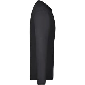 A black long-sleeve t-shirt on a plain background with a slight curve at the neckline and a logo on the fabric.