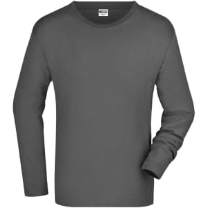 A long-sleeve grey men's t-shirt with a round neckline and one sleeve visible. It features a logo at the neckline.