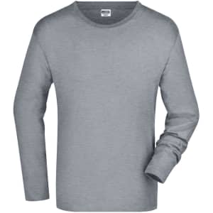 A long-sleeved grey t-shirt with a round neckline and one cuffed sleeve, featuring a brand logo.