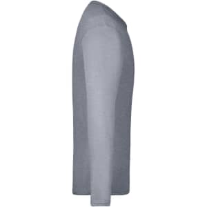 A grey long-sleeved T-shirt displayed from the side, featuring a simple design and a logo on the fabric.