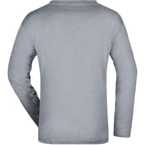A grey long-sleeved T-shirt with a simple design and a logo on the back. Ideal for casual wear.