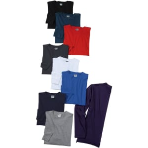 A collection of men's long-sleeve t-shirts in various colours, including black, navy, red, grey, white, blue, and purple.