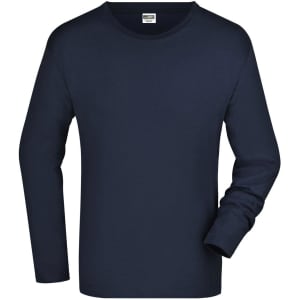 A navy long-sleeved T-shirt with a round neck and a tag visible at the collar. It features a simple design and has one logo.