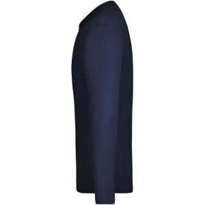 A navy long-sleeve t-shirt featuring a logo, shown from the side.