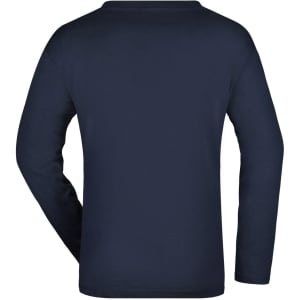 A navy long-sleeve men's T-shirt featuring a simple design and a logo.