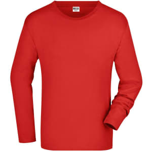 A red long-sleeved t-shirt with a round neckline, featuring a logo on the label.