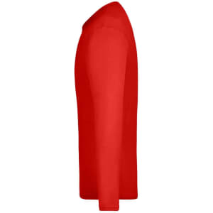 A red long-sleeve men's t-shirt with a fitted side profile. It features a logo on the surface.