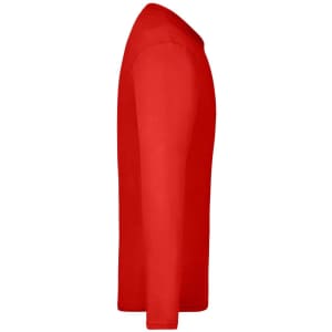A red long-sleeve t-shirt displayed from the side, featuring a logo on the front.