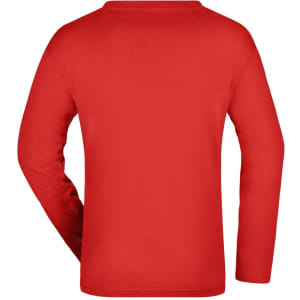 A long-sleeved red T-shirt with a plain back, featuring a logo at the collar area.