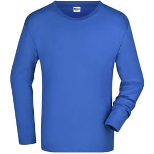 A long-sleeve men's T-shirt in a vibrant blue colour with a crew neckline and a logo on the label.