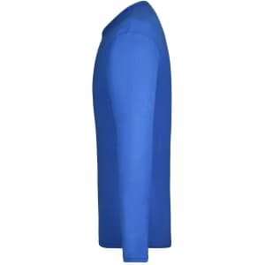 A long-sleeve medium-sized t-shirt in a vibrant blue colour, featuring a simple design and a logo.