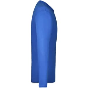 A blue long sleeve t-shirt for men, showcasing a simple design and fitted shape, featuring a logo.