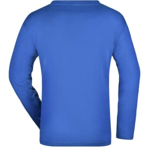 A long-sleeved medium men's T-shirt in blue, featuring a simple design and a plain back. It has a logo.