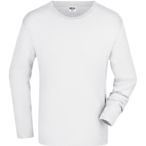 A long-sleeved white t-shirt with a crew neckline and one sleeve partially rolled up. It features a logo.