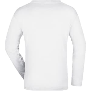 A long-sleeve white T-shirt with a plain back. Features include a standard fit and a simple design.