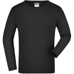 A long-sleeved black shirt with a round neckline and a logo label on the collar.