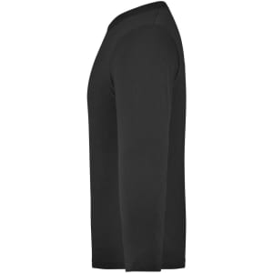 A long-sleeve shirt in black, featuring a simple design and a logo on the side.