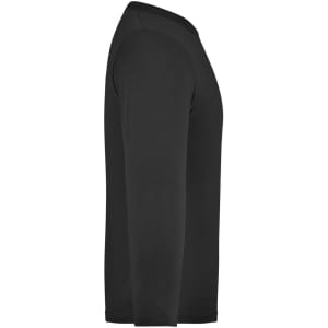 A black long-sleeve junior shirt displayed from the side, featuring a simple design and a logo.