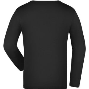 A black long-sleeve shirt, featuring a simple design and a logo on the back.