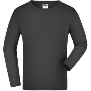 A long-sleeve, medium-sized shirt in dark grey with a crew neck. It features a branding label.