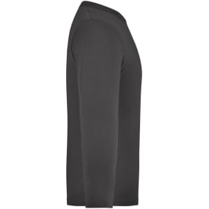 A long-sleeve medium shirt in dark grey with a simple design and a logo.
