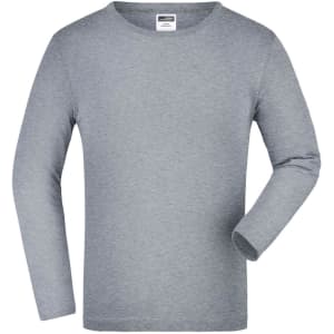 A medium long-sleeve shirt in grey with a simple design and a tag at the neckline. It features a logo.