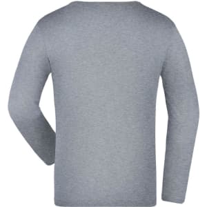 A long-sleeve grey junior shirt with a simple design and a logo on the back.