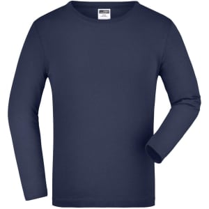 A navy long-sleeve junior shirt with a round neckline and one arm visible. It features a label inside.