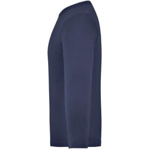 A long-sleeved medium shirt in navy blue with a side view showing its sleek design and fit.