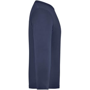 A long-sleeved medium shirt in navy blue, featuring a simple design and a logo on the side.