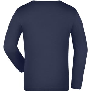 A navy long-sleeve junior shirt with a plain back and a logo on the material.
