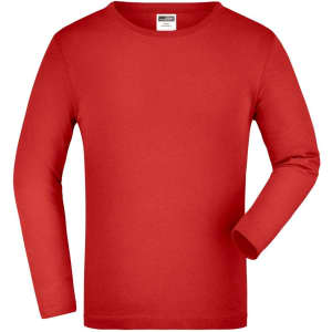 A long-sleeve medium shirt in bright red with a simple design. It features a logo on the tag.