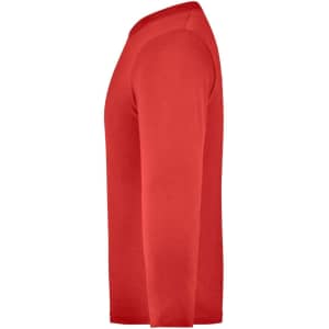 A long-sleeve medium shirt in bright red, featuring a side view with a simple design and a logo.