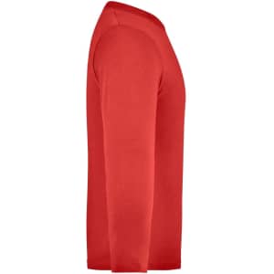 A red long-sleeved shirt displayed from the side, featuring a logo on one side.
