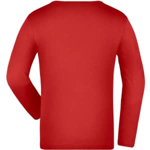 A long-sleeve shirt in bright red with a simple back design and one logo.