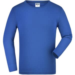A medium long-sleeve shirt in vibrant blue, featuring a simple design and a label inside the neckline.