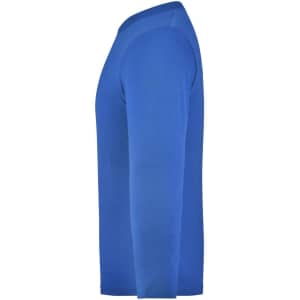 A medium long-sleeve shirt in vibrant blue, featuring a simple design and one logo.