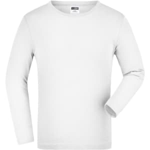 A long-sleeve white shirt with a round neckline, featuring one arm extended and a label inside the collar.