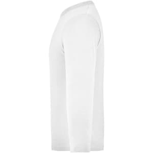 A white long-sleeve shirt with a logo, displayed from the side view.