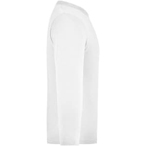 A white long-sleeve shirt displayed from the side, featuring a simple design and a logo on the fabric.
